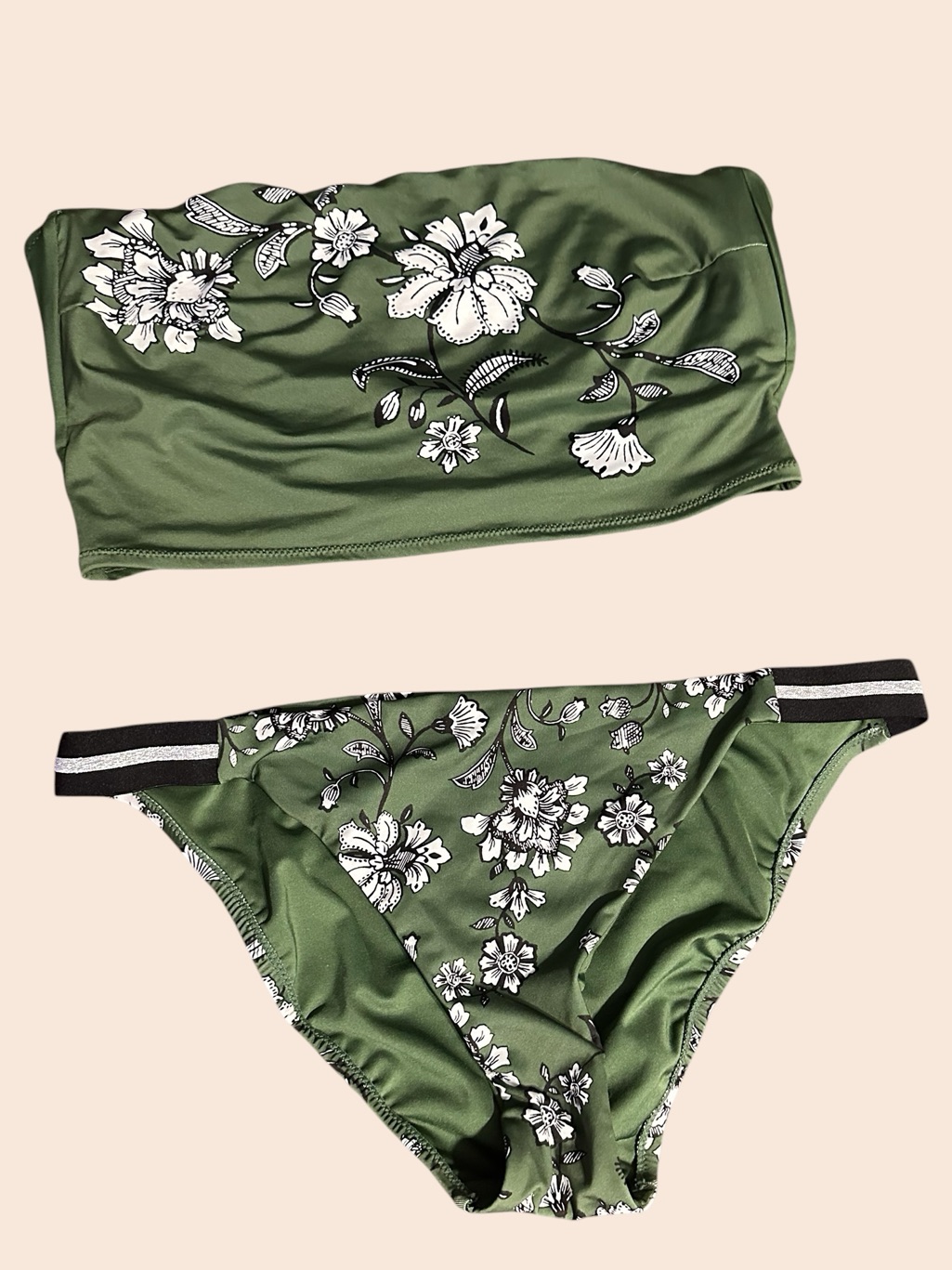 Sanctuary Olive Green Floral Bandeau Top And Bottom Bikini